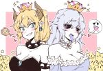  2girls armlet bare_shoulders black_dress blonde_hair blue_eyes blush boo bowsette breasts cleavage collar crown dress earrings grin highres horns jewelry korina_(mrpuripurin) large_breasts long_hair looking_at_viewer luigi&#039;s_mansion super_mario_bros. multiple_girls new_super_mario_bros._u_deluxe nintendo pointy princess_king_boo silver_hair smile smirk spiked_armlet spiked_collar spikes strapless strapless_dress super_crown tongue tongue_out upper_body violet_eyes 
