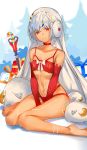  1girl altera_(fate) altera_the_santa animal bangs bare_legs bare_shoulders breasts choker christmas_tree commentary dark_skin detached_sleeves earmuffs fate/grand_order fate_(series) feet full_body full_body_tattoo gift hair_ornament highres hips horz legs looking_at_viewer midriff mittens navel parted_lips photon_ray red_eyes revealing_clothes seiza sheep short_hair sitting small_breasts smile solo star stomach tan tattoo thighs veil weapon white_hair 