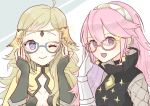  2girls ahoge artist_name blonde_hair blue_eyes circlet closed_mouth fire_emblem fire_emblem_heroes fire_emblem_if glasses gloves hairband long_hair multiple_girls nintendo one_eye_closed open_mouth ophelia_(fire_emblem_if) pink_eyes pink_hair smile soleil_(fire_emblem_if) solfa_main 