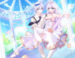  1boy 1girl bridal_veil carrying ciel_(elsword) crown demon_girl dreadlord_(elsword) dress elsword fang highres jewelry luciela_r._sourcream petals princess_carry ring smile star star-shaped_pupils symbol-shaped_pupils tagme veil wedding wedding_dress xes_(xes_5377) 