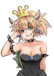  1girl absurdres bare_shoulders blonde_hair blue_eyes bowsette bracelet breasts cleavage collar crown dress earrings highres horns jewelry large_breasts long_hair looking_at_viewer super_mario_bros. new_super_mario_bros._u_deluxe nintendo ponytail sharp_teeth shell smile solo spiked_bracelet spiked_collar spikes super_crown teeth 