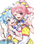  2girls ;d apron arm_around_shoulder bang_dream! bangs bare_shoulders blue_hair blue_neckwear bow bowtie chyoling collared_shirt commentary_request drum drumsticks earrings eyebrows_visible_through_hair frilled_apron frills hair_bow high_ponytail holding holding_drumsticks instrument jewelry looking_at_viewer maruyama_aya matsubara_kanon multiple_girls one_eye_closed open_mouth pink_hair pleated_skirt ponytail round_teeth shirt simple_background skirt sleeveless sleeveless_shirt smile striped striped_bow teeth twitter_username upper_teeth violet_eyes w waist_apron white_apron white_background wrist_cuffs yellow_bow yellow_shirt yellow_skirt 