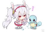  ! 1girl :o animal_ears azur_lane bangs camisole chibi commentary_request creatures_(company) eyebrows_visible_through_hair game_freak gen_1_pokemon hair_between_eyes hair_ornament hairband jacket koko_ne_(user_fpm6842) laffey_(azur_lane) long_hair long_sleeves looking_at_viewer nintendo open_clothes open_jacket outstretched_arms parted_lips pink_jacket pleated_skirt pokemon pokemon_(creature) rabbit_ears red_eyes red_hairband red_skirt sidelocks signature silver_hair skirt squirtle standing thigh-highs twintails very_long_hair water white_background white_camisole white_legwear 