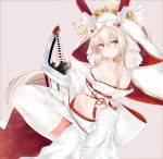  1girl absurdres alternate_costume alternate_hairstyle arm_support ayanami_(azur_lane) azur_lane bangs bare_shoulders blonde_hair blush breasts chinese_commentary choker cleavage closed_mouth collarbone commentary_request detached_sleeves eyebrows_visible_through_hair full_body groin hair_between_eyes head_tilt headgear heart heart-shaped_pupils highres holding holding_sword holding_weapon long_hair looking_at_viewer medium_breasts navel petals pink_background red_eyes ru_zhai seiza sheath short_hair sidelocks simple_background sitting skindentation solo stomach sword symbol-shaped_pupils thigh-highs thighs veil weapon white_legwear 