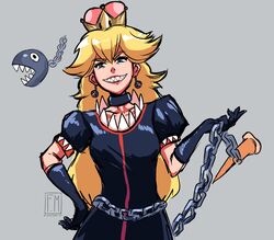  1girl absurdres black_dress chain_chomp chains crown dress genderswap genderswap_(mtf) highres super_mario_bros. mediamaster_127 new_super_mario_bros._u_deluxe nintendo personification princess_chain_chomp sharp_teeth simple_background super_crown super_mario_bros. teeth 