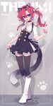  1girl :d absurdres animal_ears black_choker black_skirt black_thighhighs boots breasts buttons cat_ears cat_tail choker collared_shirt double-breasted fake_animal_ears fake_tail full_body hair_between_eyes hair_ribbon hand_up high-waist_skirt highres imazawa knee_boots long_hair long_sleeves looking_at_viewer motion_lines neck_ribbon open_mouth original paw_print petticoat pleated_skirt red_ribbon redhead ribbon shadow shirt shirt_tucked_in side_ponytail skirt skirt_hold sleeves_rolled_up small_breasts smile solo suspender_skirt suspenders tail thigh-highs violet_eyes white_footwear white_ribbon white_shirt zettai_ryouiki 