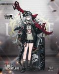  1girl alternate_costume amplifier baggy_clothes bangs belt black_footwear black_jacket black_shorts blush blush_stickers braid brown_eyes buckle character_name clothes_writing dinosaur dinosaur_tail eyebrows_visible_through_hair fake_tail fake_wings full_body g11_(girls_frontline) girls_frontline grey_shirt hair_between_eyes hair_over_shoulder half-closed_eyes hat holding holding_instrument infukun instrument jacket jurassic_park keyboard_(instrument) keychain leather_choker long_hair looking_at_viewer messy_hair multiple_belts nail_polish off_shoulder official_art open_clothes open_mouth parody red_nails rocker-chic shirt shoes short_shorts shorts side_braid sidelocks silver_hair sleeveless sleeveless_shirt sneakers socks solo tail torn_clothes torn_shirt very_long_hair weapon weapon_case wings 