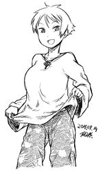  1girl :d breasts character_request floral_print greyscale jewelry large_breasts long_sleeves looking_at_viewer monochrome necklace open_mouth original pants shirt short_hair simple_background smile solo standing tsukudani_(coke-buta) white_background 