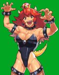  1girl armlet bare_shoulders bowsette bracelet cleavage collar crown earrings fishnet_legwear fishnets green_background jewelry leotard lizard super_mario_bros. messy_hair muscle muscular_female nintendo open_mouth red_eyes redhead sharp_teeth simple_background solo spiked_armlet spiked_bracelet spiked_collar spiked_tail spikes super_crown super_mario_bros. tail teeth thick_eyebrows uka_(cessa) 