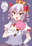  1girl :d =_= bangs blush boo bow breasts brooch cleavage collar commentary_request cotton_candy crown drill_hair e.o. eyebrows_visible_through_hair facial_hair food frilled_collar frilled_shirt frills gloves grey_skirt hair_between_eyes hair_bow hand_on_hip holding holding_food jewelry looking_at_viewer luigi&#039;s_mansion super_mario_bros. medium_breasts mini_crown mustache neck_ribbon new_super_mario_bros._u_deluxe nintendo nose_blush open_mouth puffy_short_sleeves puffy_sleeves purple_background red_bow red_eyes red_neckwear red_ribbon resaresa ribbon sebastian_(paper_mario) shirt short_hair short_sleeves silver_hair simple_background skirt smile solo super_crown white_collar white_gloves white_shirt 