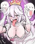  :d bangs blush boo breasts cleavage collarbone crown erect_nipples fangs gloves hair_between_eyes hands_up highres large_breasts long_hair long_tongue luigi&#039;s_mansion super_mario_bros. new_super_mario_bros._u_deluxe nintendo open_mouth princess_king_boo smile super_crown super_mario_bros. tongue white_gloves white_hair 