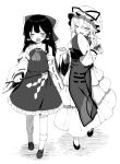  2girls ascot bare_shoulders blush bow closed_eyes commentary_request detached_sleeves dress eyebrows_visible_through_hair facing_another frilled_shirt_collar frills gohei greyscale hair_between_eyes hair_bow hair_tubes hakurei_reimu hand_holding hat hat_ribbon holding juliet_sleeves layered_dress long_hair long_sleeves mob_cap monochrome multiple_girls open_mouth petticoat puffy_sleeves ribbon ribbon-trimmed_sleeves ribbon_trim sarashi shide shinoba shoes simple_background sleeves_past_fingers sleeves_past_wrists smile socks tabard touhou walking white_background wide_sleeves yakumo_yukari yuri 
