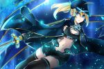  1girl ahoge artoria_pendragon_(all) black_gloves black_hat black_legwear black_panties black_shorts blonde_hair blue_cape blue_eyes cape crop_top elbow_gloves fate/grand_order fate_(series) fingerless_gloves flat_chest floating_hair getsuyoubi gloves hair_between_eyes hat highleg highleg_panties highres holding holding_sword holding_weapon long_hair looking_at_viewer midriff mysterious_heroine_x navel night outdoors panties parted_lips ponytail short_shorts shorts solo stomach sword thigh-highs underwear weapon zettai_ryouiki 