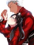  1boy 1girl archer black_bow black_hair blue_eyes bow couple eye_contact fate/stay_night fate_(series) from_side getsuyoubi hair_bow hand_holding long_hair looking_at_another looking_down looking_up parted_lips red_sweater silver_hair sweater tohsaka_rin twintails yellow_eyes 