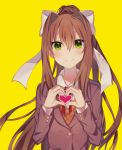  1girl bangs blazer blush bow brown_hair brown_jacket closed_mouth collared_shirt doki_doki_literature_club eyebrows_visible_through_hair green_eyes grey_bow hair_between_eyes hair_bow hair_intakes hands_up heart heart_hands high_ponytail highres jacket long_hair long_sleeves minamiya_mia monika_(doki_doki_literature_club) neck_ribbon ponytail red_ribbon ribbon school_uniform shirt sidelocks simple_background smile solo sweater_vest upper_body very_long_hair white_shirt yellow_background 