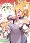  1boy 2girls anger_vein apron bangs bare_shoulders between_breasts black_dress blonde_hair blue_eyes blush bowsette bowsette_jr. bracelet breasts cleavage collar collarbone commentary_request crown dress emphasis_lines english eyebrows_visible_through_hair fang flat_cap grey_apron hair_between_eyes hand_on_hip hat horns jewelry large_breasts mario super_mario_bros. mini_crown multiple_girls new_super_mario_bros._u_deluxe nintendo nintendo_switch open_mouth overalls ponytail red_hat red_shirt sharp_teeth shirt signature spiked_bracelet spiked_collar spiked_shell spikes strapless strapless_dress super_crown super_mario_bros. sweat tail tears teeth toku_(ke7416613) turtle_shell v-shaped_eyebrows 