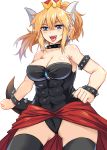  1girl :d abs armlet ass_visible_through_thighs bangs bare_arms bare_shoulders black_collar black_legwear black_leotard blonde_hair blue_eyes blush bowsette bracelet breasts brooch cape cleavage clenched_hands collar collarbone commentary_request cowboy_shot crown e.o. earrings eyebrows_visible_through_hair fangs hair_between_eyes highres horns jewelry large_breasts leotard long_hair looking_at_viewer super_mario_bros. mini_crown new_super_mario_bros._u_deluxe nintendo open_mouth pointy_ears ponytail red_cape simple_background smile solo spiked_armlet spiked_bracelet spiked_collar spikes standing strapless strapless_leotard super_crown super_mario_bros. tail thigh-highs thighs tongue tongue_out v-shaped_eyebrows waist_cape white_background 