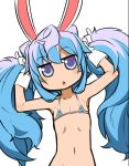  1boy animal_ears bikini blue_bikini blue_hair blush commentary_request eyebrows_visible_through_hair fukurou_(owl222) gloves hacka_doll hacka_doll_3 head_tilt jitome long_hair looking_at_viewer micro_bikini navel otoko_no_ko parted_lips pinky_out rabbit_ears simple_background solo swimsuit twintails upper_body very_long_hair violet_eyes white_background white_gloves 