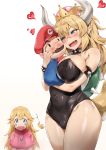  1boy 2girls bare_shoulders between_breasts blonde_hair blue_eyes blush bowsette bracelet breasts brooch brown_hair cabbie_hat cheek-to-cheek cleavage collar commentary_request covered_navel cowboy_shot crown crown_removed depressed dress eyebrows_visible_through_hair facial_hair fangs hand_on_another&#039;s_face happy hat heart highleg highleg_leotard highres honey_yun horns hug jealous jewelry large_breasts leotard long_hair long_ponytail mario super_mario_bros. multiple_girls mustache new_super_mario_bros._u_deluxe nintendo nose nose_blush open_mouth pink_dress ponytail princess_peach puffy_short_sleeves puffy_sleeves red_hat sad shell shiny shiny_hair shiny_skin short_sleeves simple_background size_difference smile solid_oval_eyes spiked_bracelet spiked_collar spiked_shell spiked_tail spikes tail thighs tongue upper_body wavy_mouth white_background 