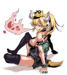  1girl absurdres arm_support armlet arms_behind_back back bangs bare_shoulders black_collar black_legwear black_leotard blonde_hair blue_eyes bowsette bracelet breasts breathing_fire chinese_commentary collar commentary_request crotch crown erect_nipples eyebrows fingernails fire full_body ga320aaa highleg highleg_leotard highres horns jewelry knee_up large_breasts legs leotard long_hair looking_at_viewer super_mario_bros. new_super_mario_bros._u_deluxe nintendo parted_lips pointy_ears ponytail sharp_fingernails shell shoulder_blades sideboob sidelocks simple_background sitting solo spiked_bracelet spiked_collar spikes strapless strapless_leotard super_crown tail thigh-highs thighs white_background 