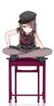  1girl badge bang_dream! black_footwear black_gloves black_neckwear chair desk double-breasted earrings frown gloves green_eyes grey_legwear hand_on_own_leg hat jewelry leaning_forward legs_crossed long_hair looking_at_viewer lost_one_no_goukoku_(vocaloid) miniskirt neckerchief on_desk pantyhose redhead school_chair school_desk school_uniform serafuku shipii_(jigglypuff) shoes simple_background sitting sitting_on_desk skirt sleeveless solo udagawa_tomoe vocaloid white_background 