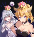  2girls absurdres alpha_(ypalpha79) bangs bare_shoulders blonde_hair blue_eyes blush boo bowsette bracelet breasts cleavage collar crown dress earrings eyebrows_visible_through_hair gloves hair_between_eyes highres horns jewelry large_breasts long_hair looking_at_viewer luigi&#039;s_mansion super_mario_bros. multiple_girls new_super_mario_bros._u_deluxe nintendo open_mouth ponytail princess_king_boo sharp_teeth shell short_sleeves silver_hair smile spiked_bracelet spiked_collar spikes super_crown teeth tongue tongue_out white_dress white_gloves white_hair 