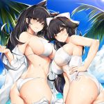  2girls alternate_costume animal_ears ass atago_(azur_lane) azur_lane bangs bare_shoulders beach bikini black_hair blue_sky blush bow breasts brown_eyes clouds cowboy_shot day extra_ears eyebrows_visible_through_hair frown hair_bow hair_flaps hair_ribbon hand_on_hip hand_up large_breasts long_hair long_sleeves looking_at_viewer looking_back mole mole_under_eye multiple_girls ocean off_shoulder one-piece_swimsuit outdoors palm_leaf palm_tree parted_lips ponytail ribbon sand shiny shiny_skin shirt sideboob sidelocks skindentation sky smile sun sunlight swept_bangs swimsuit takao_(azur_lane) thighs tony_guisado tree twisted_torso undressing very_long_hair water_drop wet white_bikini white_bow white_ribbon white_shirt white_swimsuit 