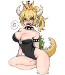  1girl absurdres anger_vein babo blonde_hair bowser bowsette breasts covered_navel cropped_legs crown earrings genderswap genderswap_(mtf) half-closed_eyes highres horns jewelry large_breasts leotard looking_at_viewer super_mario_bros. new_super_mario_bros._u_deluxe nintendo open_mouth ponytail sharp_teeth shell simple_background solo strapless super_mario_bros. tail teeth white_background 