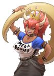  1girl absurdres alternate_color arm_up black_skirt bowsette bracelet breasts cleavage collar crown dark_skin earrings hair_between_eyes hand_on_hip high_ponytail highres horns jewelry large_breasts looking_at_viewer super_mario_bros. mega_milk new_super_mario_bros._u_deluxe nintendo red_eyes redhead sharp_teeth shirt short_sleeves skirt solo spiked_armlet spiked_belt spiked_bracelet spiked_collar spikes super_crown t-shirt tail teeth thick_eyebrows tongue tongue_out underpable watermark web_address white_background 