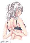  1girl adjusting_bra adjusting_clothes arms_behind_back bare_arms bare_shoulders black_bra blush bra breasts ebifurya eyebrows_visible_through_hair from_behind grey_eyes highres kantai_collection kashima_(kantai_collection) large_breasts long_hair looking_at_viewer midriff open_mouth shiny shiny_skin sidelocks silver_hair simple_background solo tsurime twintails twitter_username underwear underwear_only upper_body wavy_hair 