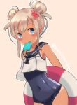  1girl alternate_hairstyle bangs blonde_hair blue_eyes blush commentary_request crop_top double_bun eating eyebrows_visible_through_hair flower food hair_between_eyes hair_flower hair_ornament highres kanipanda kantai_collection lifebuoy looking_at_viewer mouth_hold one-piece_swimsuit one-piece_tan popsicle ro-500_(kantai_collection) sailor_collar school_swimsuit simple_background solo swimsuit swimsuit_under_clothes tan tanline white_background 