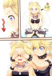  2girls 3koma absurdres bangs bangs_pinned_back bib black_dress black_nails black_skirt blush borrowed_character bowser_jr. bowsette bowsette_jr. bracelet breasts brooch cleavage collar comic covering_another&#039;s_eyes directional_arrow dress expressionless eyebrows_visible_through_hair fang_out fingernails from_side frown genderswap genderswap_(mtf) hair_between_eyes hair_tie highres horns icarus_(2010741) jewelry light_blue_eyes long_hair looking_down super_mario_bros. mother_and_daughter multiple_girls nail_polish navel new_super_mario_bros._u_deluxe nintendo open_mouth parody pointy_ears sharp_fingernails short_hair sidelocks sitting skirt smoke spiked_bracelet spiked_collar spikes strapless strapless_dress super_crown thighs upper_body very_long_hair violet_eyes wariza white_footwear 