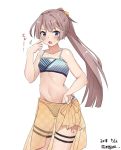  1girl alternate_costume bikini blue_eyes blush breasts brown_hair eyebrows_visible_through_hair hair_ribbon kantai_collection kazagumo_(kantai_collection) long_hair looking_at_viewer meguru_(megurunn) open_mouth ponytail ribbon sarong simple_background small_breasts solo swimsuit twitter_username white_background 