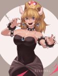  1girl artist_name bare_shoulders black_dress blonde_hair blue_eyes bowsette bracelet breasts cleavage collar collarbone commentary cowboy_shot dress earrings english_commentary eyebrows_visible_through_hair fingernails hair_between_eyes highres hikareki horns jewelry large_breasts long_fingernails long_hair looking_at_viewer super_mario_bros. nail_polish new_super_mario_bros._u_deluxe nintendo open_mouth ponytail sharp_fingernails sharp_teeth smile solo spiked_armlet spiked_bracelet spiked_collar spikes strapless strapless_dress super_crown teeth thick_eyebrows 