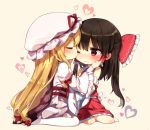  2girls ascot bangs bare_shoulders barefoot beige_background black_hair blonde_hair blue_neckwear blush bow chibi closed_eyes commentary_request detached_sleeves dress eyebrows_visible_through_hair facing_another frilled_bow frilled_shirt_collar frilled_sleeves frills from_side full_body hair_between_eyes hair_bow hakurei_reimu hat hat_ribbon heart juliet_sleeves kiss layered_dress long_hair long_sleeves looking_at_another mob_cap multiple_girls no_shoes one_eye_closed pantyhose petticoat profile puffy_sleeves red_bow red_eyes red_ribbon red_skirt ribbon shinoba sidelocks simple_background sitting skirt skirt_set tabard touhou very_long_hair wariza white_dress white_hat white_legwear wide_sleeves yakumo_yukari yuri 
