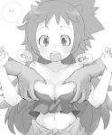 1boy 1girl :o blush breast_grab breasts cleavage crop_top grabbing greyscale henyaan_(oreizm) made_in_abyss medium_breasts midriff mitty_(made_in_abyss) mitty_(made_in_abyss)_(human) monochrome navel open_mouth solo solo_focus speech_bubble surprised sweatdrop text_focus translation_request 