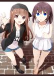  2girls :d :o aa_(sin2324) arm_up bangs bare_arms bare_shoulders baseball_cap black_footwear black_hat black_jacket black_legwear blue_eyes blue_shorts bracelet brown_eyes brown_hair collarbone commentary_request day eyebrows_visible_through_hair hair_between_eyes hakama-chan_(aa) hat jacket jewelry leaning_to_the_side long_hair multiple_girls open_clothes open_jacket open_mouth original outdoors parted_lips ring sandals shadow shirt shoes short_shorts shorts sideways_hat sleeveless sleeveless_shirt smile socks standing toenails very_long_hair white_shirt 