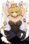 1boy 3girls ? aqua_eyes arms_up artist_name black_dress blonde_hair bowsette bracelet breasts brooch chibi collar collarbone commentary dress english_commentary eyes fang forked_tail hair_between_eyes hairband hentaki highres horns jewelry large_breasts mario super_mario_bros. multiple_girls new_super_mario_bros._u_deluxe nintendo open_mouth princess_king_boo princess_peach short_hair sleeveless sleeveless_dress smoke solo_focus speech_bubble spiked_bracelet spiked_collar spiked_tail spikes spoken_question_mark star strapless strapless_dress super_crown super_mario_bros. tail thick_thighs thighs 