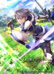  1boy arm_guards armor azur_(fire_emblem) belt black_pants blue_armor blue_coat blue_footwear boots clouds coat collarbone copyright_name day determined earrings fire_emblem fire_emblem:_kakusei fire_emblem_cipher flower grass grey_eyes grey_hair holding holding_sword holding_weapon jewelry knee_boots knee_pads lips male_focus mountain nintendo official_art pants petals running sheath shirt smile solo stud_earrings sunlight sword undershirt vambraces wada_sachiko weapon white_shirt 