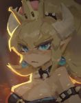  1girl artist_request blonde_hair blush bowsette breasts cleavage collar crown earrings fang horns jewelry large_breasts long_hair super_mario_bros. new_super_mario_bros._u_deluxe nintendo pointy_ears ponytail sketch spiked_armlet spiked_collar spikes super_crown 