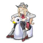  1girl black_legwear blonde_hair breasts clenched_teeth closed_eyes commentary_request flower full_body headgear highres kantai_collection large_breasts long_hair military military_uniform nelson_(kantai_collection) red_flower red_rose riding rose simple_background sitting solo teeth thigh-highs tk8d32 training_toilet uniform white_background 