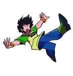  1boy :d bitz777 black_eyes black_hair boots character_name clothes_writing denim dragon_ball dragonball_z falling full_body green_shirt jeans male_focus open_mouth outstretched_arms pants shirt short_hair simple_background smile son_goten white_background wristband 