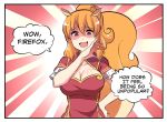  1girl 4koma animal_ears bangs breasts chinese_clothes cleavage cleavage_cutout collarbone comic english eyebrows_visible_through_hair hair_between_eyes hand_on_hip highres hinghoi large_breasts long_hair open_mouth orange_hair os-tan personification ponytail red_eyes short_sleeves smile solo speech_bubble squirrel_ears squirrel_girl squirrel_tail tail uc_browser upper_body 