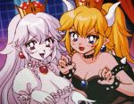  2girls 90s :d bare_shoulders black_nails blonde_hair blue_eyes bowsette bracelet breasts brooch claw_pose collar commentary_request crown dress earrings eyebrows_visible_through_hair fangs ghost gloves horns jewelry long_hair luigi&#039;s_mansion super_mario_bros. medium_breasts mini_crown multiple_girls nail_polish new_super_mario_bros._u_deluxe nintendo oldschool open_mouth pikiru pointy_ears ponytail princess_king_boo puffy_short_sleeves puffy_sleeves purple_tongue sharp_teeth short_sleeves smile spiked_armlet spiked_bracelet spiked_collar spiked_shell spikes super_crown takeuchi_naoko_(style) teeth tongue turtle_shell v-shaped_eyebrows violet_eyes white_dress white_gloves white_hair white_skin 