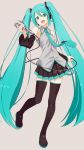  1girl absurdly_long_hair black_footwear black_skirt blue_eyes blue_hair blue_neckwear blush boots collared_shirt full_body hatsune_miku highres holding holding_microphone hyuuga_azuri long_hair looking_at_viewer microphone necktie open_mouth shirt skirt smile solo thigh-highs thigh_boots very_long_hair vocaloid 