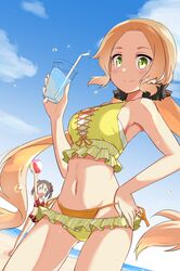  2girls arm_up ball bangs barefoot beach beachball bikini blonde_hair blush breasts brown_hair closed_mouth clouds day drink drinking_straw dutch_angle green_eyes hair_between_eyes hair_ribbon hand_on_hip highres holding inubouzaki_fuu iwamototuka layered_bikini long_hair looking_at_viewer low_twintails medium_breasts miyoshi_karin multiple_girls navel open_mouth outdoors parted_bangs red_bikini red_ribbon ribbon side-tie_bikini sky smile sparkle standing swimsuit twintails v-shaped_eyebrows very_long_hair water water_drop yuuki_yuuna_wa_yuusha_de_aru yuusha_de_aru |_| 