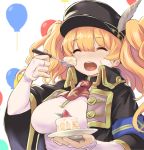  1girl ^_^ ^o^ armband balloon bandaid bandaid_on_face bangs black_coat black_hat blonde_hair blush breasts bridal_gauntlets brown_neckwear cake closed_eyes closed_eyes coat collared_coat eyebrows_visible_through_hair facing_viewer food fork fruit gloves granblue_fantasy hair_between_eyes hat hat_feather holding holding_fork holding_plate kztk large_breasts long_hair monica_weisswind open_clothes open_coat open_mouth peaked_cap plate shiny shiny_hair shirt sidelocks solo strawberry tongue twintails upper_body white_background white_shirt wide_sleeves wing_collar 