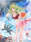 1girl animal bangs bikini bird blue_sky breasts chiki cleavage clouds collar commentary_request company_connection copyright_name day fire_emblem fire_emblem:_kakusei fire_emblem_cipher food fruit green_eyes green_hair holding itou_misei jewelry long_hair looking_at_viewer mamkute medium_breasts navel nintendo official_art outdoors palm_leaf palm_tree pointy_ears sky solo sparkle swimsuit tiara tree 
