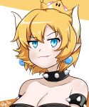  &gt;:3 black_collar blonde_hair blue_eyes bowsette crown earrings fang fang_out highres jewelry palpe self_upload short_hair simple_background smug solo spikes super_crown upper_body 