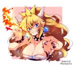  1girl bare_shoulders black_dress blonde_hair blue_eyes blush bowsette bracelet breathing_fire claw_pose collar collarbone dated dress eyebrows_visible_through_hair fingernails fire grin hair_between_eyes highres horns jewelry super_mario_bros. nail_polish namatyoco new_super_mario_bros._u_deluxe nintendo pointy_ears ponytail sharp_fingernails shell smile solo spiked_bracelet spiked_collar spikes strapless strapless_dress super_crown thick_eyebrows twitter_username upper_body 